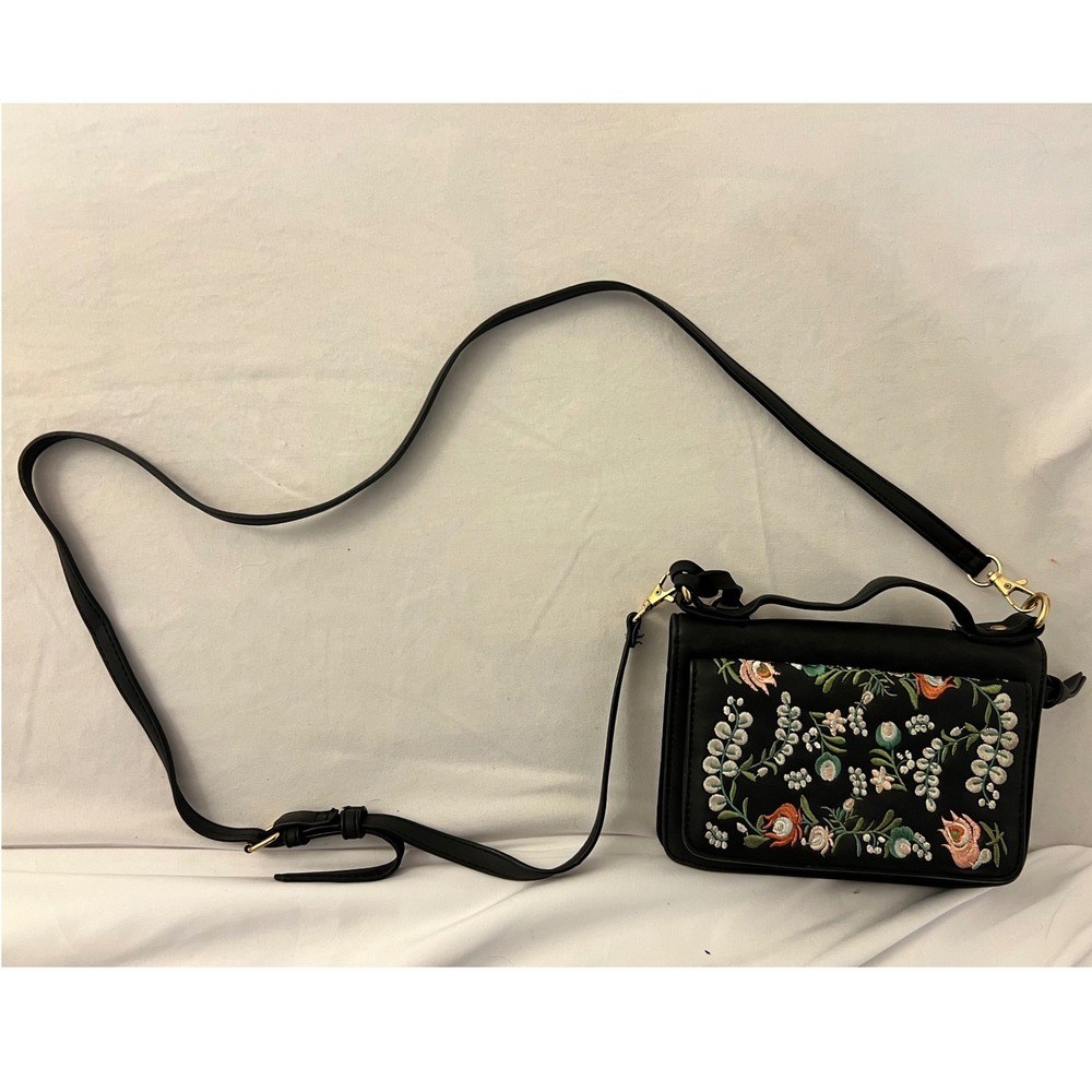 Massini Black Floral Embroidered Crossbody Bag Wallet on a String Boho Purse